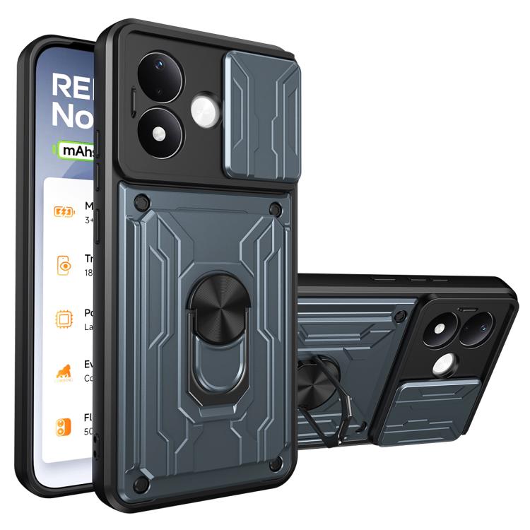 Rugged phone case with sliding card slot and stand; dark gray and black design.