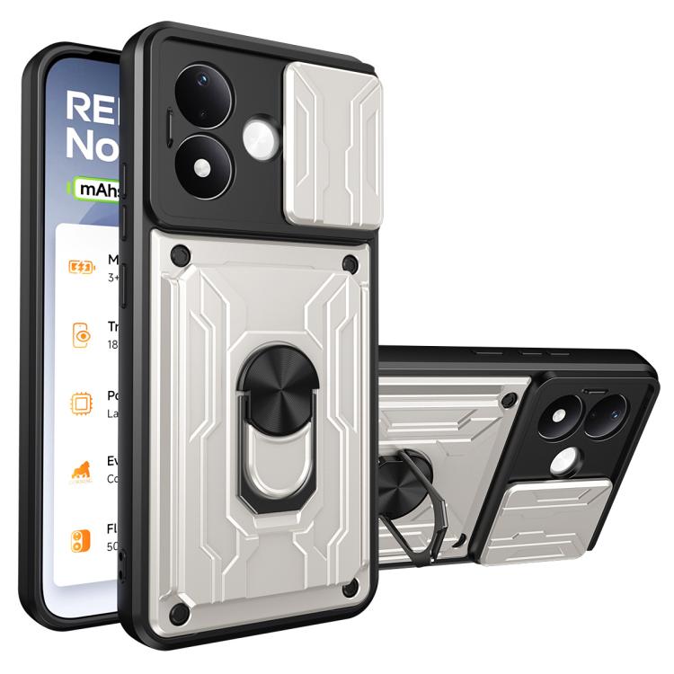 Rugged phone case with sliding card slot and stand; white and black design.