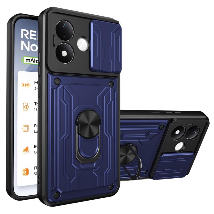 Rugged phone case with sliding card slot and stand; blue and black design.
