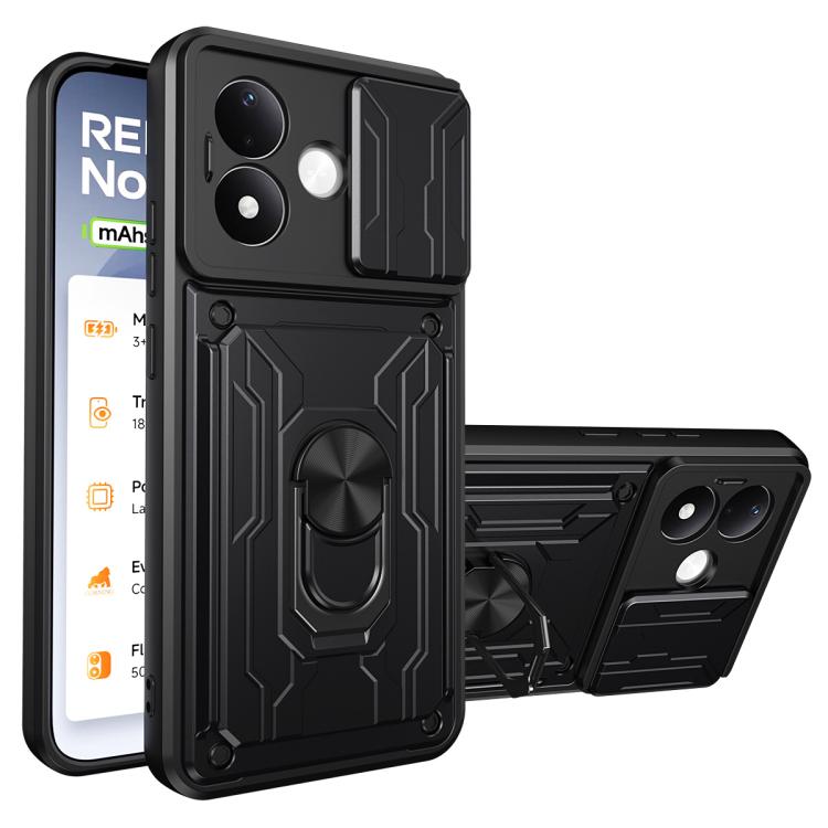 Rugged phone case with sliding card slot and stand; all-black protective design.