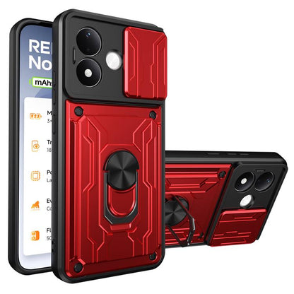 Rugged phone case with sliding card slot and stand; red and black design.