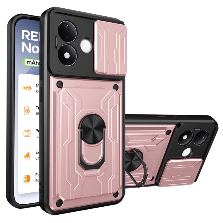 Rugged phone case with sliding card slot and stand; rose pink and black design.