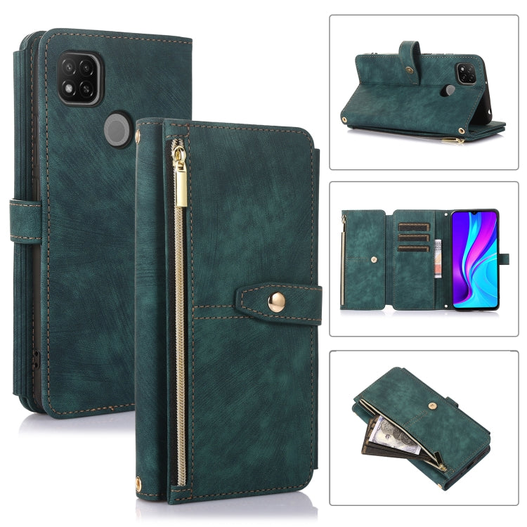 Green leather phone wallet case with zip pocket, card slots, and magnetic flap