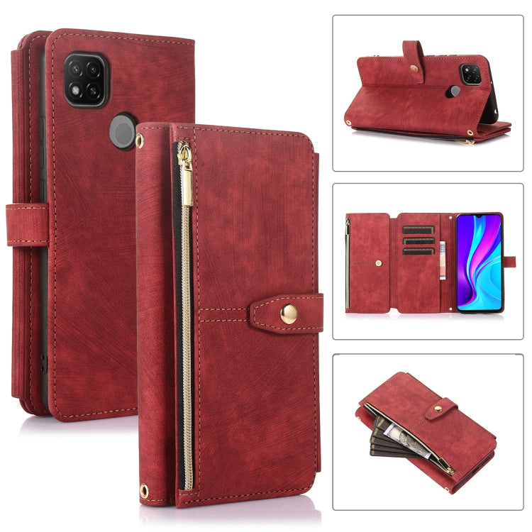 Red leather phone wallet case with zip pocket, card slots, and magnetic flap
