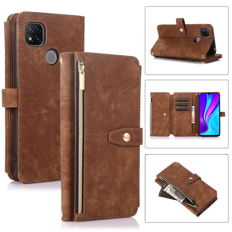 Brown leather phone wallet case with zip pocket, card slots, and magnetic flap