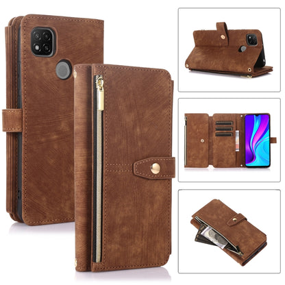 Brown leather phone wallet case with zip pocket, card slots, and magnetic flap