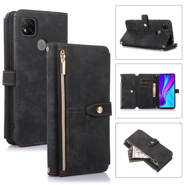Black leather phone wallet case with zip pocket, card slots, and magnetic flap