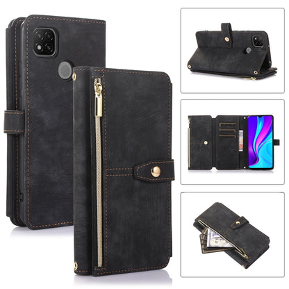 Black leather phone wallet case with zip pocket, card slots, and magnetic flap