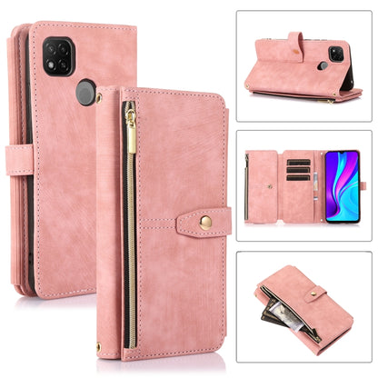 Pink leather phone wallet case with zip pocket, card slots, and magnetic flap