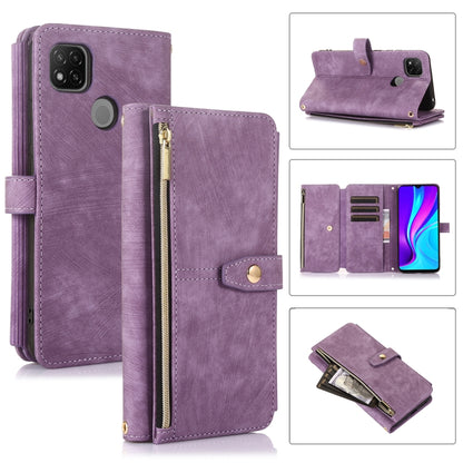 Purple leather phone wallet case with zip pocket, card slots, and magnetic flap