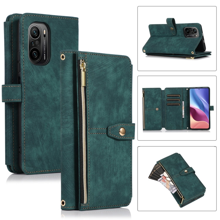 Teal leather phone wallet case with zipper pocket and card slots, magnetic flap