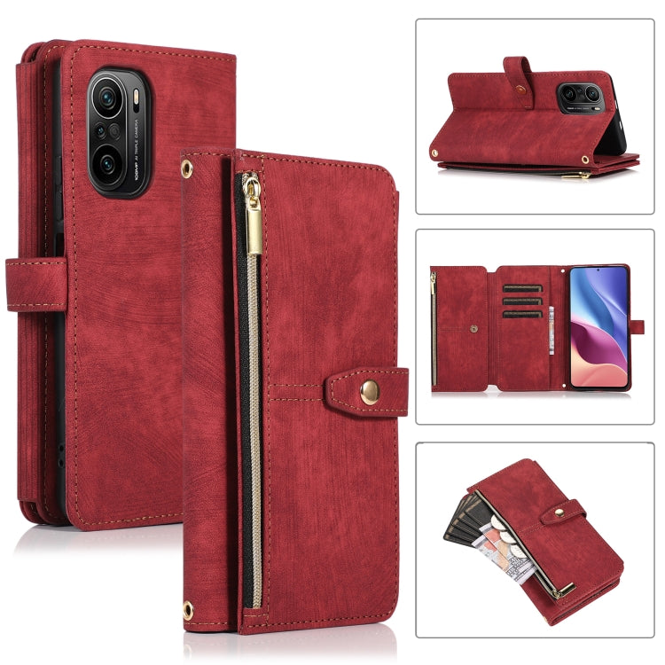 Red leather phone wallet case with zipper pocket and card slots, magnetic flap