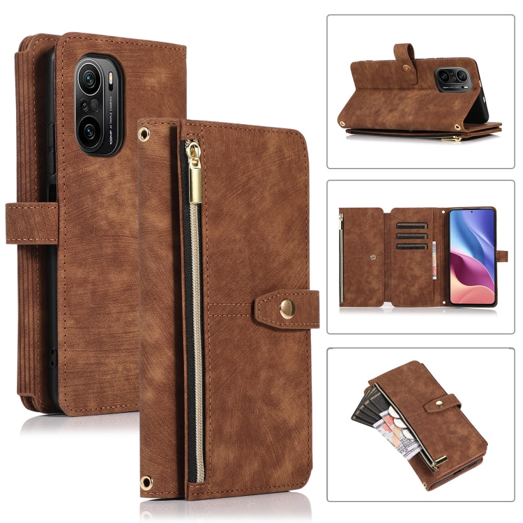 Brown leather phone wallet case with zipper pocket and card slots, magnetic flap
