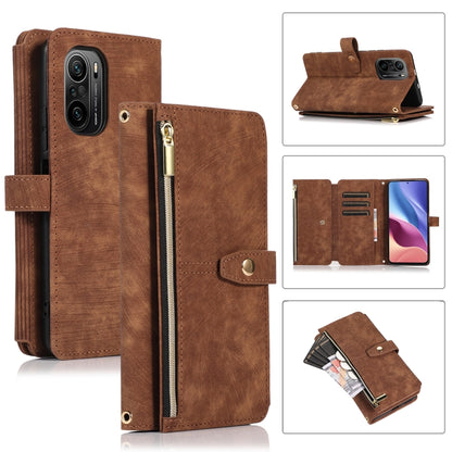 Brown leather phone wallet case with zipper pocket and card slots, magnetic flap