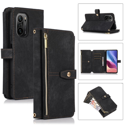 Black leather phone wallet case with zipper pocket and card slots, magnetic flap