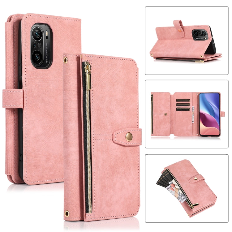 Light pink leather phone wallet case with zipper pocket and card slots, magnetic flap