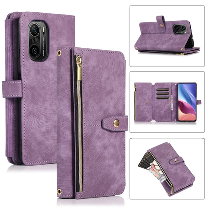 Lavender leather phone wallet case with zipper pocket and card slots, magnetic flap