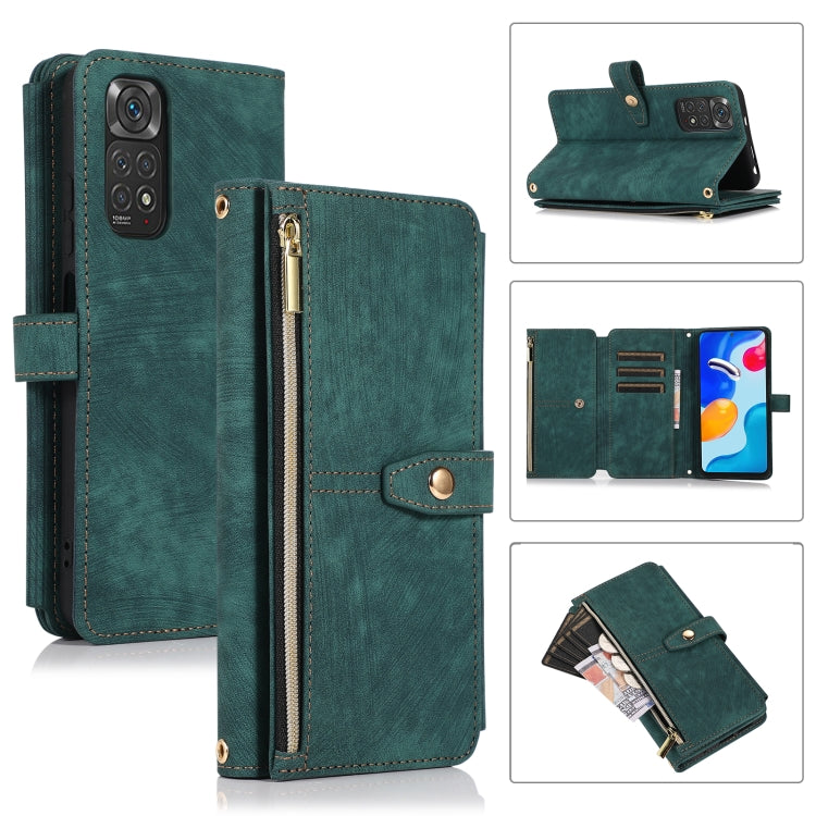 Green leather phone wallet case with zipper, card holder, and side magnetic strap