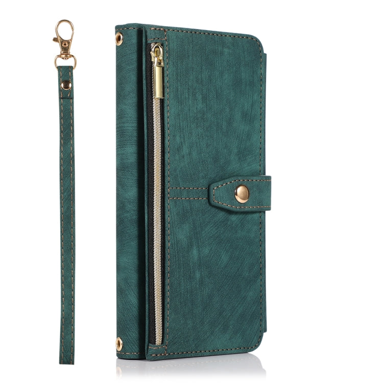 Green leather phone wallet case with long zipper and snap card pocket, wrist strap