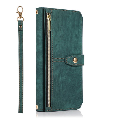 Green leather phone wallet case with long zipper and snap card pocket, wrist strap