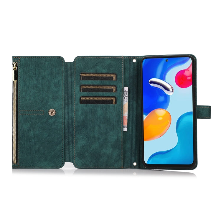 Green leather wallet phone case opened, card slots and side zipper visible