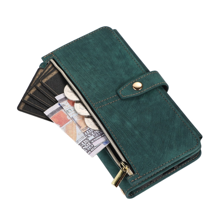 Green leather phone wallet case with zipper, open card slots holding cash