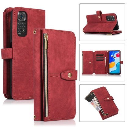 Red leather phone wallet case with zipper, card slots, and foldover strap