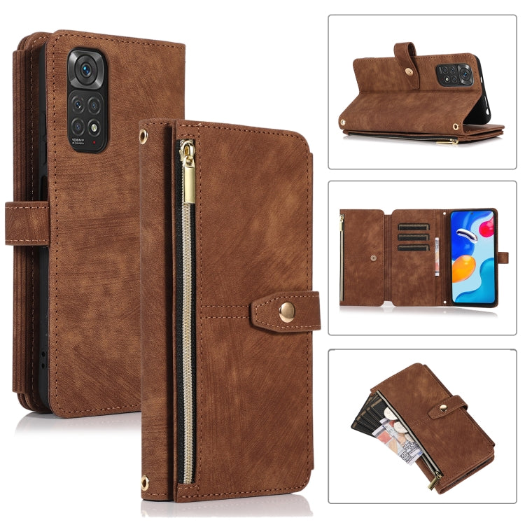 Brown leather phone wallet case with zipper, card slots, and foldover strap