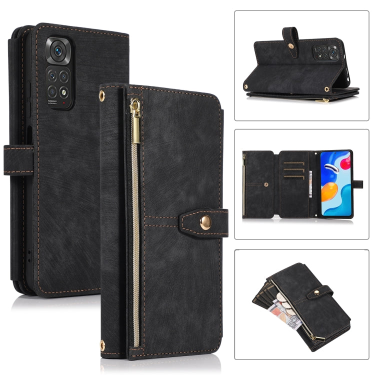 Black leather phone wallet case with zipper, card slots, and foldover strap
