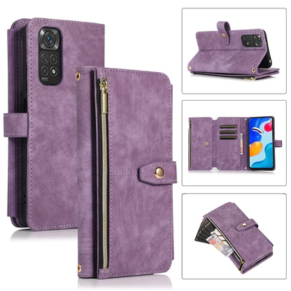 Purple leather phone wallet case with zipper pocket and card slots, magnetic flap