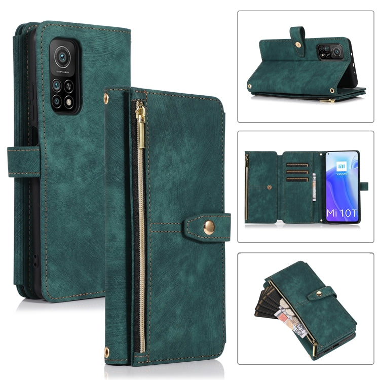 Dark teal leather phone wallet case with zipper pocket and card slots, magnetic flap