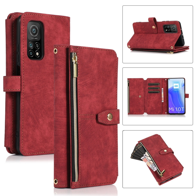 Red leather phone wallet case with zipper pocket and card slots, magnetic flap