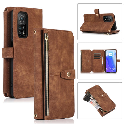 Brown leather phone wallet case with zipper, flip cover, card slots, and magnetic clasp