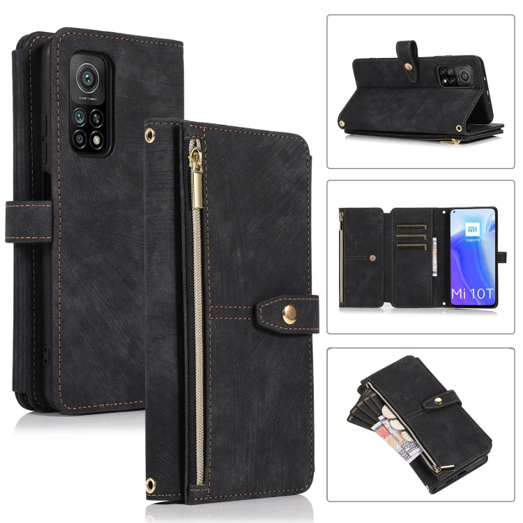 Black leather phone wallet case with zipper, flip cover, card slots, and magnetic clasp
