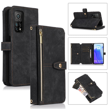 Black leather phone wallet case with zipper, flip cover, card slots, and magnetic clasp