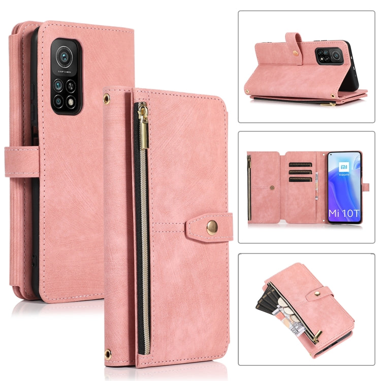 Pink leather phone wallet case with zipper, flip cover, card slots, and magnetic clasp