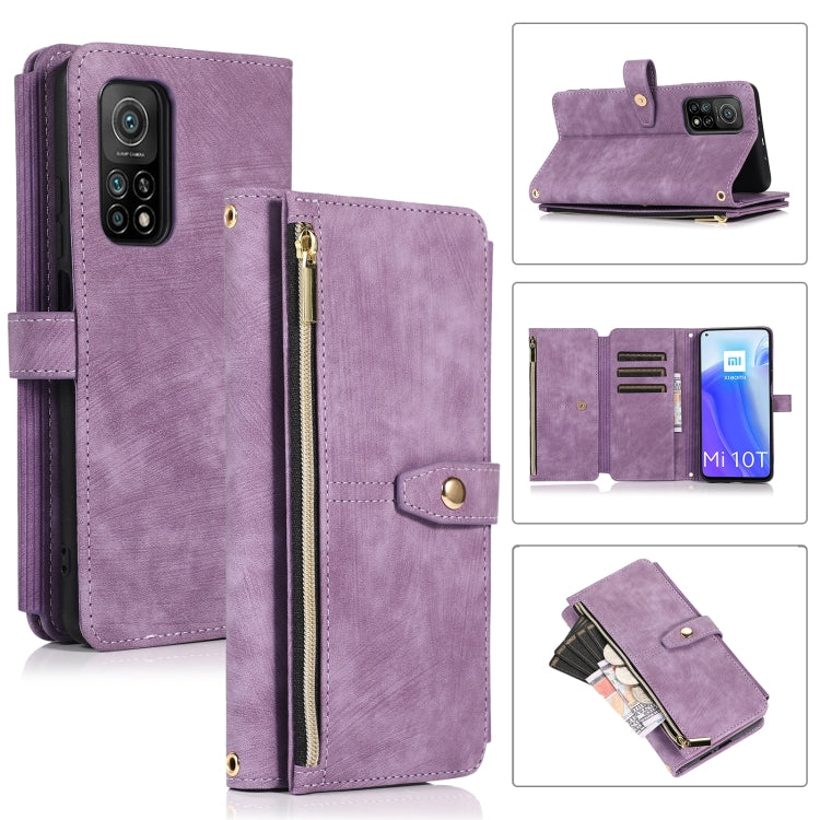 Purple leather phone wallet case with zipper, flip cover, card slots, and magnetic clasp