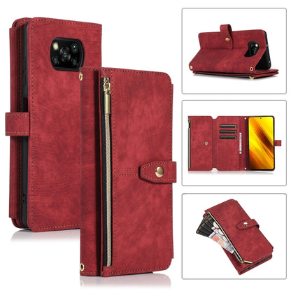 Red leather phone wallet case with zipper, flip cover, card slots, and magnetic clasp