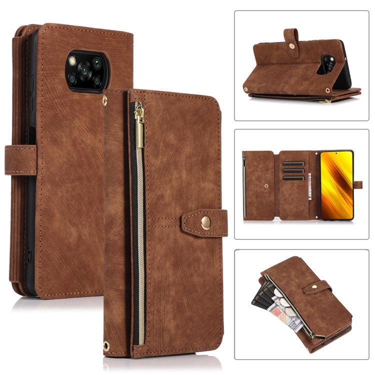 Brown leather phone wallet case with zipper, flip cover, card slots, and magnetic clasp