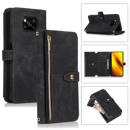 Black leather phone wallet case with zipper, flip cover, card slots, and magnetic clasp