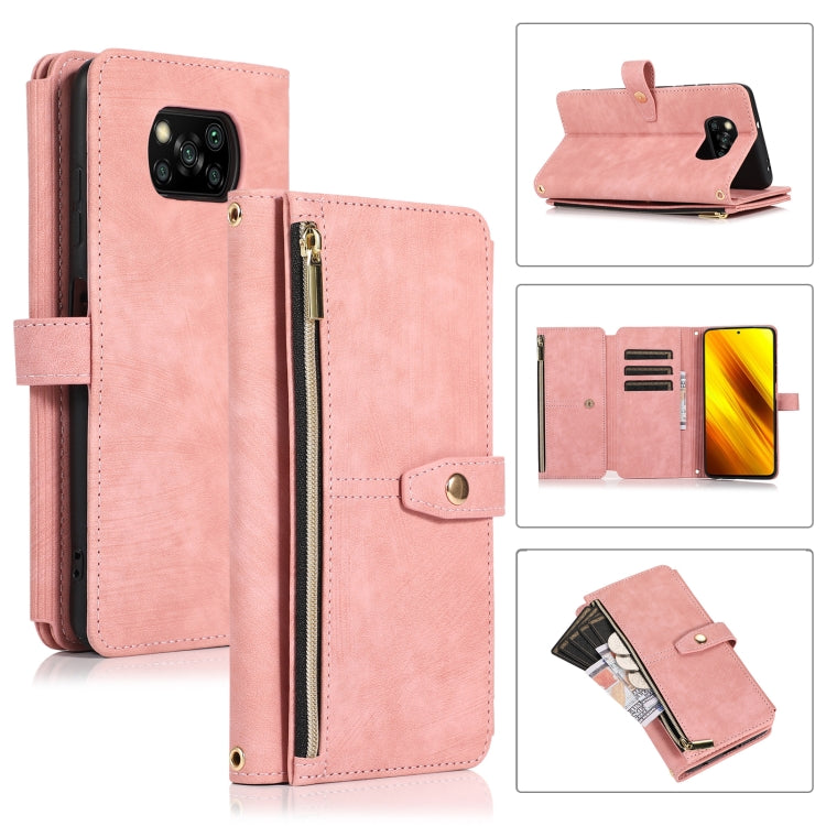 Pink leather phone wallet case with zipper, flip cover, card slots, and magnetic clasp