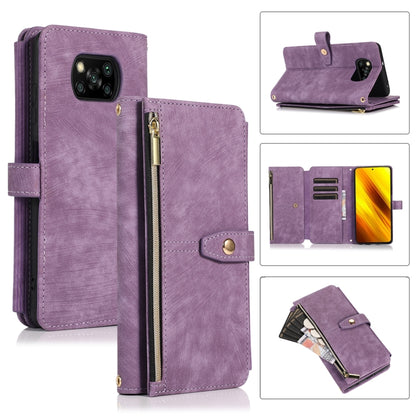 Purple leather phone wallet case with zipper, flip cover, card slots, and magnetic clasp