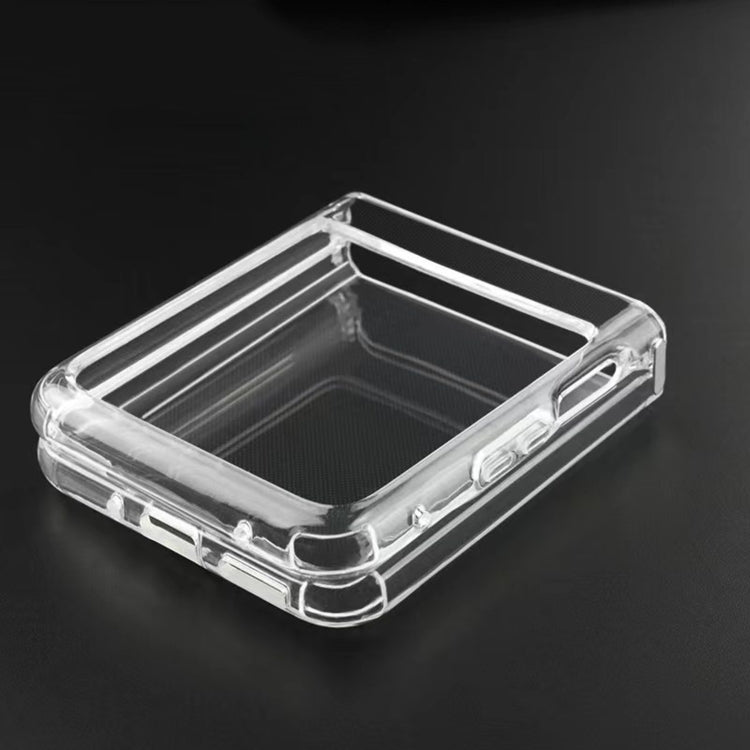 Transparent TPU phone case with raised bezel and hinge shock protection, top view