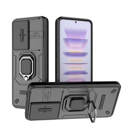 Black rugged shockproof phone case with sliding camshield and kickstand holder