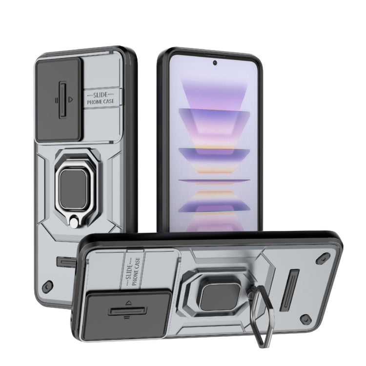 Grey rugged shockproof phone case with sliding camshield and kickstand holder