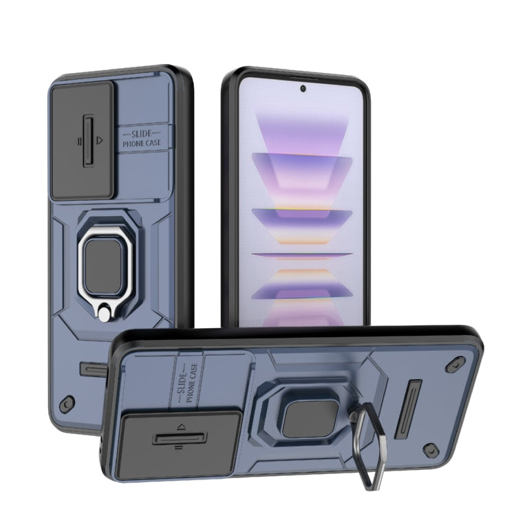 Blue rugged shockproof phone case with sliding camshield and kickstand holder