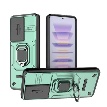 Green rugged shockproof phone case with sliding camshield and kickstand holder