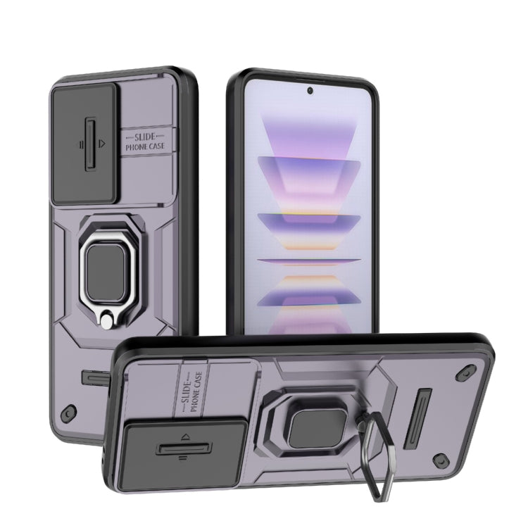 Purple-tinted rugged shockproof phone case with sliding camshield and kickstand holder