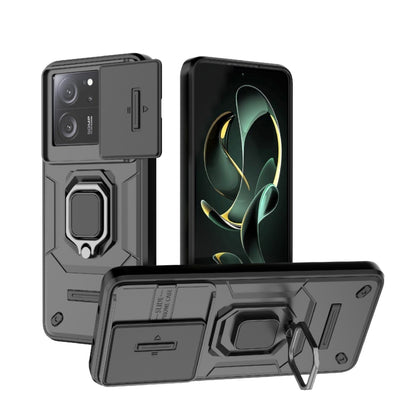 Shockproof phone case with sliding Camshield cover and built-in holder, dark grey