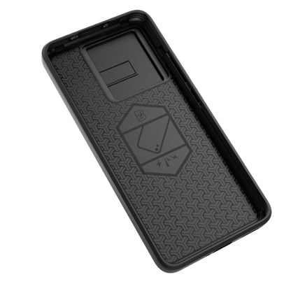 Shockproof phone case with sliding Camshield cover and holder, dark textured back